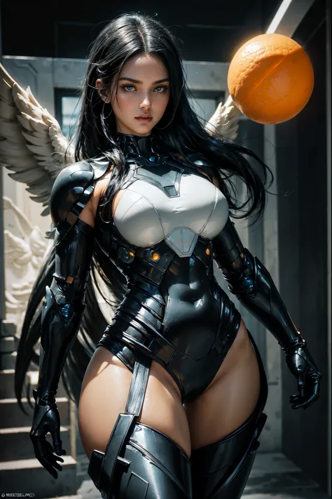 Close up of an ancient angel cyber beautiful woman , standing in front of a Black marble statue of a Greek goddess, long black hair, cyber suit in ivory and black details , the suit is glowing an orange light , exaggerated anatomy, dynamic pose