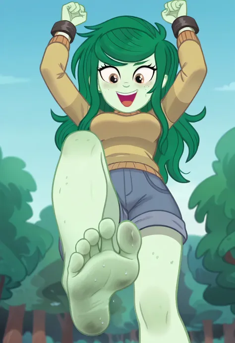  Top quality work of art, Wallflower Blush ,  long green hair , green skin,  sarcastic smile ,  Open mouth,  Tongue out, cruel gaze, beautiful,  medium breasts ,  a brown sweatshirt , blue short shorts,  Arms raised ,  clenched cuffs , raised foot, bare fo...