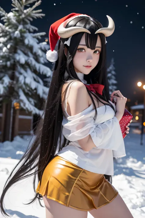  a girl,albedo,  long hair,   black hair , antlers, demon girl, antlers de demonio, albedo,   hair between the eyes ,neckline, Very big breasts,yellow-eyed ,   Cleft pupils,    coloring anime ,smile, Christmas hat , red and blue transparent , translucent m...