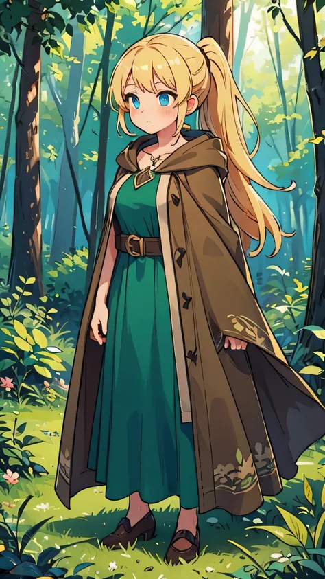 a woman in a forest, blonde ponytail, modest breasts, blue eyes, green dress, brown cloak