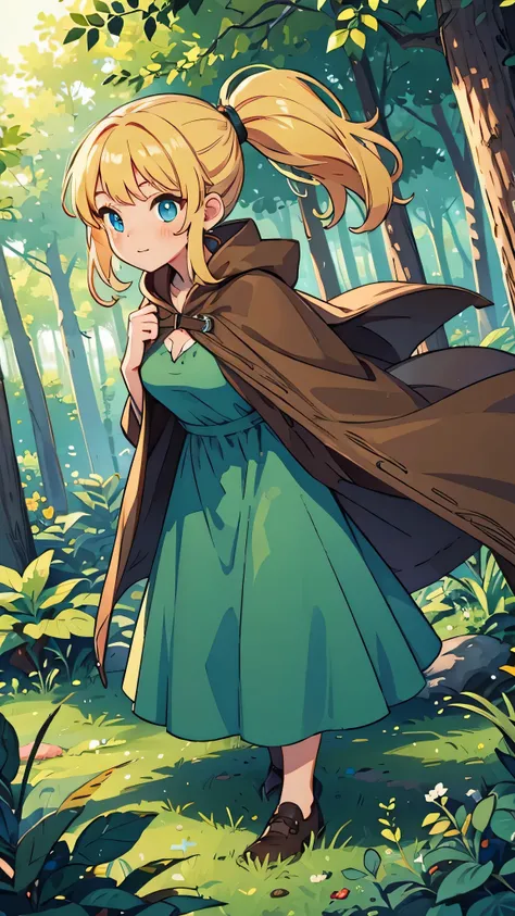 a woman in a forest, blonde ponytail, modest breasts, blue eyes, green dress, brown cloak