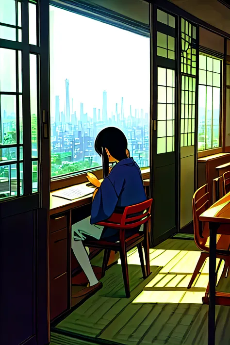  girl　　 Japanese　Ghibli style　Sit at your desk and study 　 Outside the window is an urban city