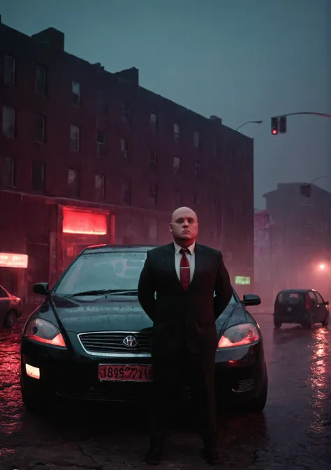 a chubby man standing next to a car wearing a black suit. red sky, night, a rain-soaked, decaying city. the streets are abandone...