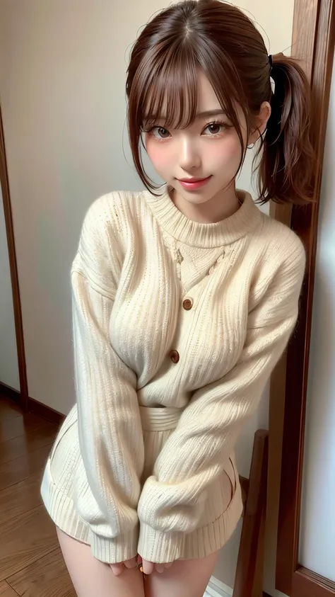 (    best quality ,8k,masterpiece),      Japanese female idol、 cute、 miniskirt that snaps around the knee、 boots、 ponytails、smile、whole body、 standing、Meaty thighs、 low angle shot 、Pose、Bare legs、 stick your buttocks out、 panchira 、 white panties 