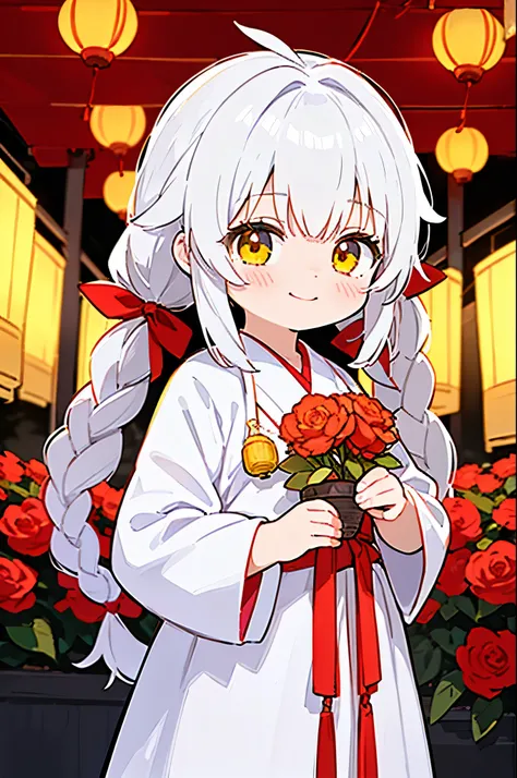 1girl, solo, sweet smile, long hair, braided side hair, pigtails, white hair, yellow eyes, red ribbons, long red ribbons, lanterns hanging in the background, looking at viewer, blue under garment, white long robe detailed with flowers on the sleeves, sourc...