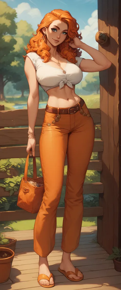 A silly beautiful girl Sexy beautiful attractive big breasted loose orange hair menchon hair her dark blue eye wears dark orange cropped top shows navel and orange leather pants long belt tied brown knot wooden flip flops 