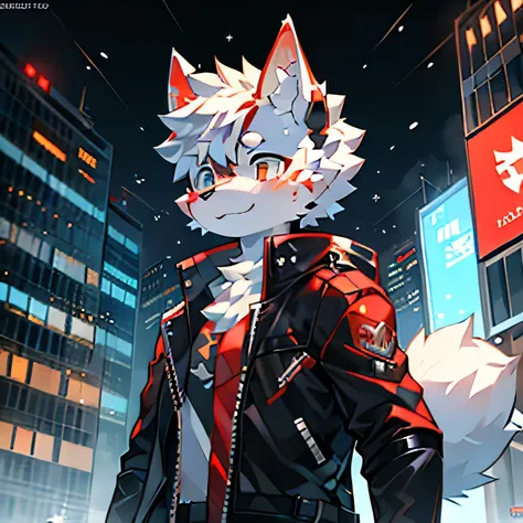 Internet City ，thunder， Floating Snow ， Male Mechanical White Wolf， Red Stripes on Face , black leather jacket，Blue Sky ，exhibit
