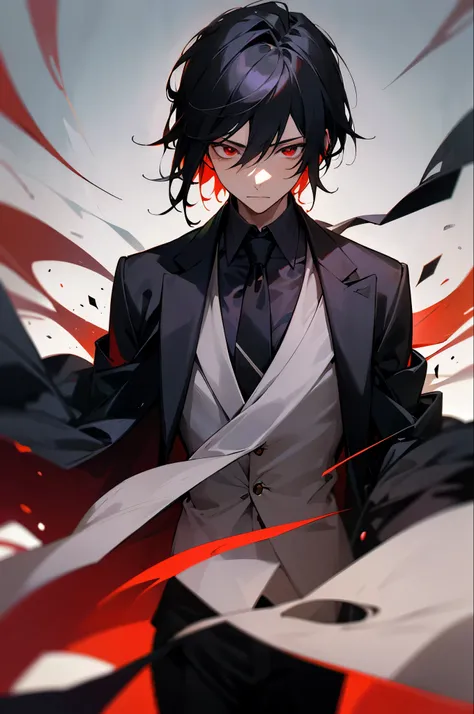 Young Adult, , Male, Black Shadows Hair, Netural Expression, Suit and tie, Rich robe jacket, Red eyes.