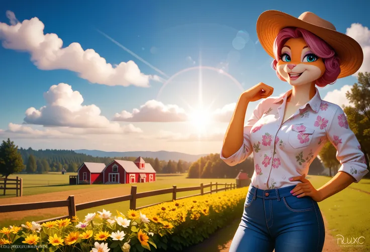 top quality, highres, High-quality illustrations, unparalleled masterpiece(movie of life)nature inspired imagery, rendered in maya, romanticized views, lively illustrations, hyper realistic, whimsical cartoonish, farm, Blue sky, clouds, florals Beautiful g...