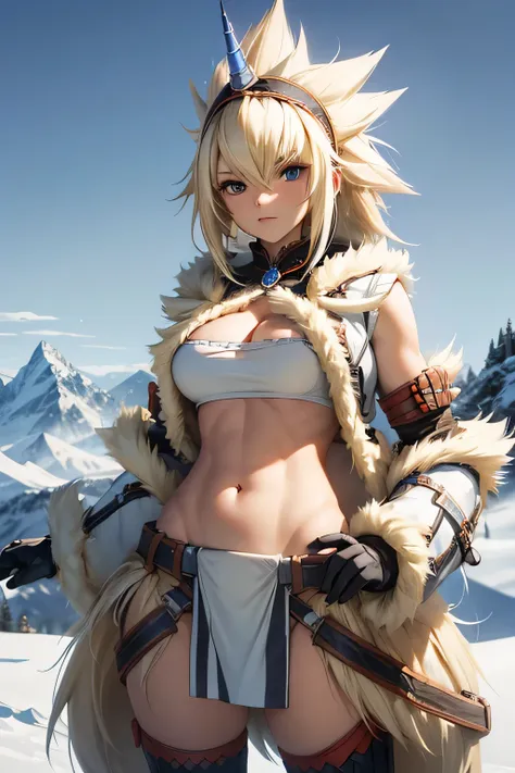 perfect anatomy　 best quality, highest resolution,(((woman　 shiny top　light blonde hair)))　 monster hunter　kirin gear　cool 　 sno...