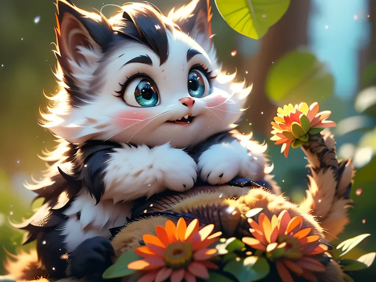 Magical Fantasy Creature, (Best Quality, Masterpiece, Representative Work, Official Art, Professional, Super Detailed, 8k:1.3), (Photorealism:1.2) Super Cute, Big Eyes, Soft, Soft Nose, Furry, Double Toothed Smile, Yeti on Mountain Background, Realistic, B...