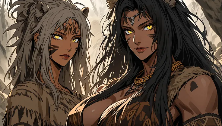 female focus, lion woman, mature, crows feet:1.3, very tall, broad shoulders, fit, bulky body, extremely long hair, tied hair, cavewoman, prehistoric, large beast claws, camp, day, close up, slit pupils, yellow eyes, barbarian, pelt clothes, tribal chief, ...