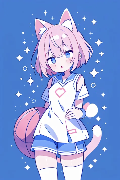  basketball uniform 、Very beautiful and Sparkling Eyes、Sparkling Eyes、1  girl、 small breasts、Big Mouth 、high school  girl、 small breasts、Cat ears、 transparent pink short hair、 hotpants、  girl