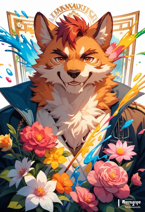 top quality, best quality, poster, rzminjourney, vector-art, High-quality illustrations by Alfons Mucha, masterpiece(kemono, furry anthro)logo mark, round, colorful ink splash flower,