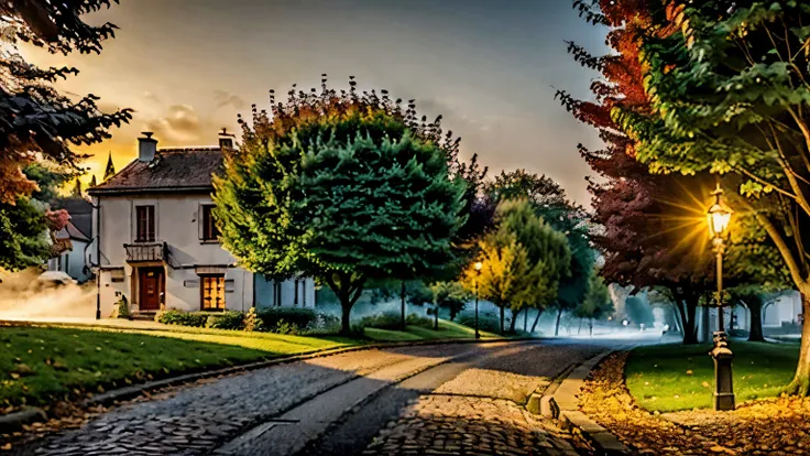 a quaint European village in autumn, people walking on the cobblestone streets, dense fog, warm sunset light, falling golden leaves, street lamps illuminating the dusk, rolling green hills in the background,(best quality,4k,8k,highres,masterpiece:1.2),ultr...