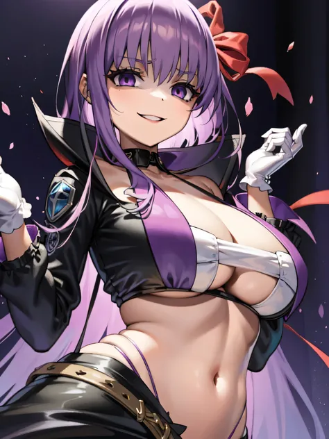  Isoscale, Mid Shot,  night, ,,, Purple Hair, Black jacket, , Red ribbon, Big Breasts, Purple eyes, White gloves, Long Hair, Large collar, evil Smile,,,(evil Smile:1.3),Highly detailed CG Unity 8K wallpapers, Perfect lighting,,Looking down at the viewer,,A...