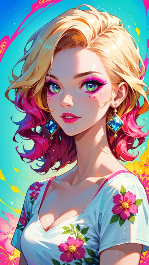 create pop art-style digital artwork, vibrant and confident woman featuring bold makeup and colorful fashion, movie color scheme...