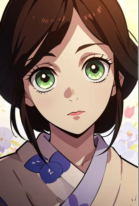 (best quality:0.8), close-up of a cute brown-haired girl with green eyes in the style of Kimetsu no Yaiba, detailed facial features and eyes, harmonized color palette. Solo la parte superior del cuerpo, sola, kimono beige ((crema)), flores amarillas. Porta...