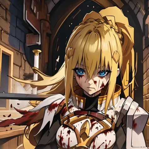 Darkness Konosuba, BLONDE WOMAN, long golden hair , Eyes blue empty , stained with blood, big dirty sword, anime konosuba