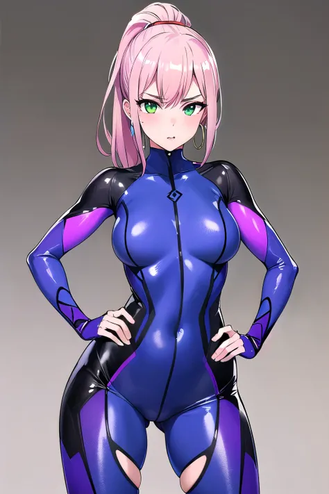 1girl,Samus aran,solo,green eyes, pink hair, Purple bodysuit with intricate cutouts and mesh panels, silver stiletto heels, oversized hoop earrings with purple gems, sleek high ponytail, bold purple eyeshadow, striking a powerful pose with hands on hips, a...