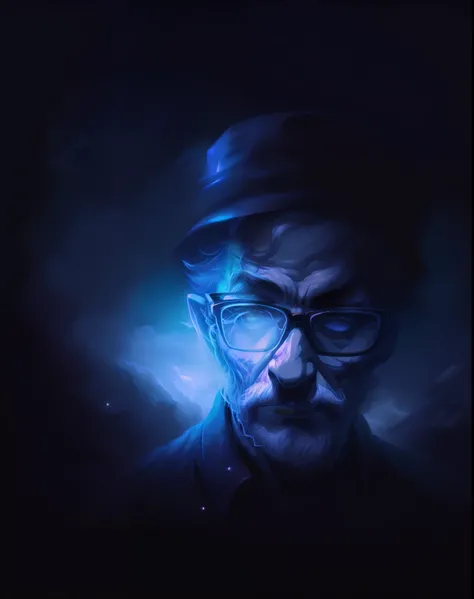 Theres a man with glasses and a hat in the dark, Highly detailed VFX Portrait, high-quality portrait, profile picture 1024px, Lofi Portrait, portrait in the middle of the photo, inspired by Rudy Siswanto,  Brandon Woelfel , wlop e ross tran, André Thomas H...