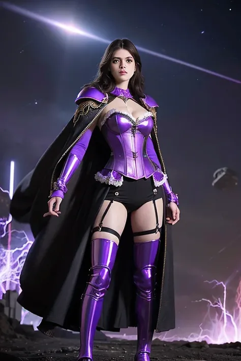 Alexandra Daddario in full length. In purple mechanical shiny armor.
Corset and cloak with skirt. Purple lightning from hands. On the background
 other planets and high-rise ruins, human bodies lie on the ground
 and bones with skulls.