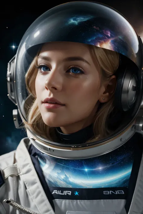 blonde girl astronaut in the space, beautiful detailed eyes, beautiful detailed lips, extremely detailed eyes and face, long eyelashes, NASA special suit, looking up at the stars, stars reflecting on the helmet, (best quality, 4k, 8k, highres, masterpiece:...