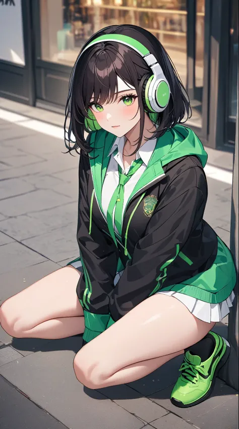 She is a man wearing a green school uniform who is sexy and popular with women all over the world. She likes green. A frontal photo from head to foot. shoes are sexy. kind eyes, and a beautiful voice. Please generate a full-body frontal image, She is glamo...