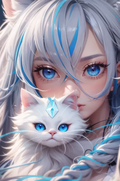 1woman, Long Hair, White Hair, Multicolored Hair, Gradient Hair, Floating Hair, Multiple Braids, piercing Blue eyes, Horizontal Pupils, cat ears, 8K Octane, Digital Art, Hyperrealism, Photorealistic, Soft Lighting, Unreal Engine, Depth Of Field, 