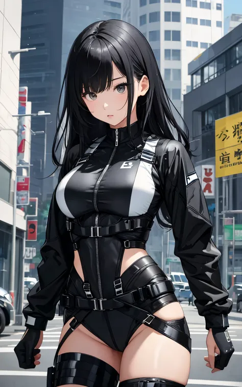 1 girl、highest quality、masterpiece、4K、Highest image quality、upper body shot、slightly wavy hair、waist-length black hair、black eyes、wearing black racing suit likes police uniform, black and grey mecha, wearing military harness、put one's hand in one's...