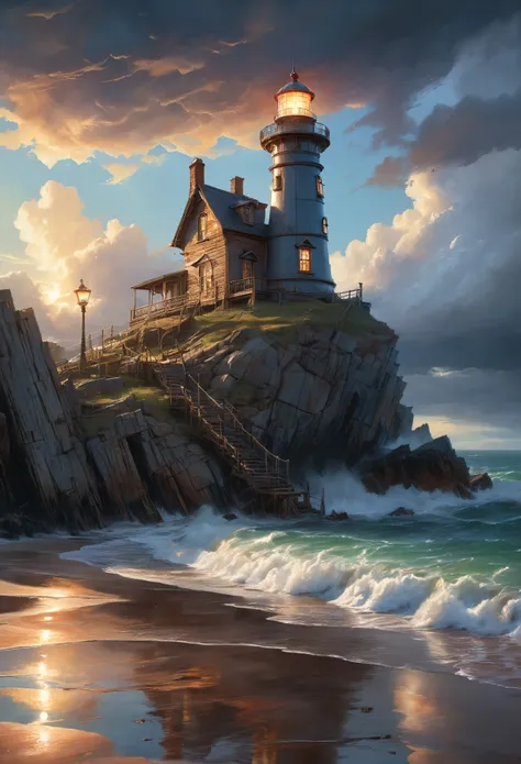 a photorealistic 8k digital painting of a fantasy lighthouse, dramatic lighting, incredibly detailed, masterful brushwork, by Drew Struzan, cinematic composition, moody atmosphere, dramatic clouds, reflections in the water, rocky coastline, old weathered w...