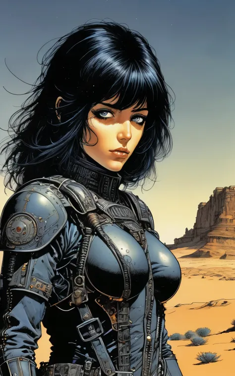 enki bilal,philippe druillet,moebius inspired french comics art "a vast desert filled with colossal, 1 girl、highest quality、masterpiece、4K、Highest image quality、upper body、slightly wavy hair、waist-length black hair、black eyes、wearing black racing suit like...