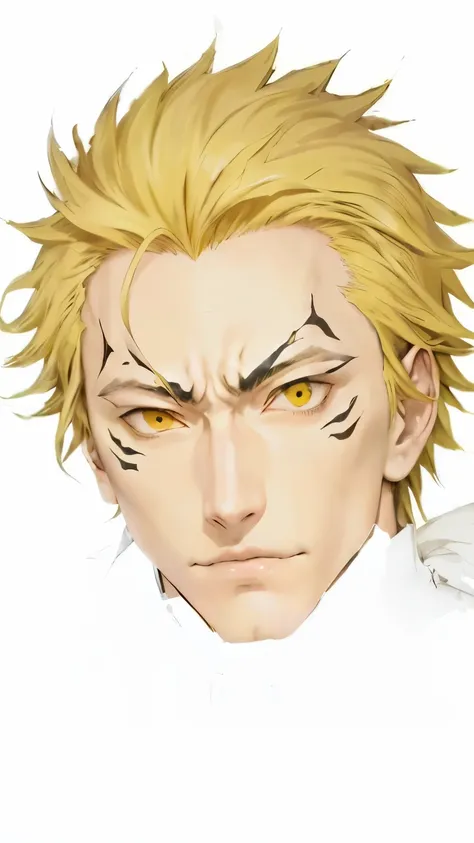 carrion from tensura, anime character with yellow hair and a white background, kentaro miura manga art style, sanji, blazing infero, kentaro miura manga style, dio brando, perfect anime face, furio tedesschi, manga style of kentaro miura, sharp face, trigg...