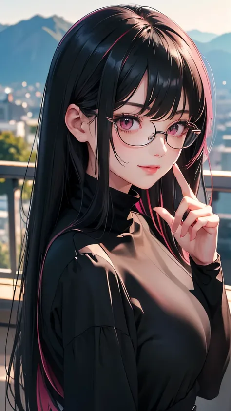 ((masterpiece)), newest, absurdres, safe, (beautiful girl), woman, anime girl, anime, ((long black stright hair with bangs)), (smoth hair), black dark hair, ((black hair under pink smooth color mixed)),  (bautiful detailed hair), pink eyes, her expression ...