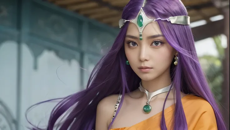  a mysterious female character 、 has long purple hair and a calm expression 。 has a silver headband with jewels on her forehead 、 and has green gemstone decorations on her neck and waist 。 wears orange and yellow robes 、I have a round crystal ball with bot...