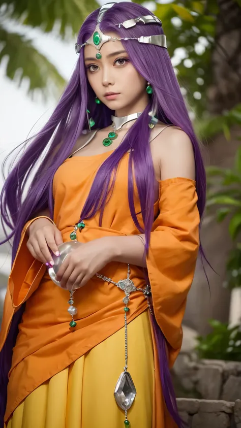 a mysterious female character 、 has long purple hair and a calm expression 。 has a silver headband with jewels on her forehead 、 and has green gemstone decorations on her neck and waist 。 wears orange and yellow robes 、I have a round crystal ball with bot...