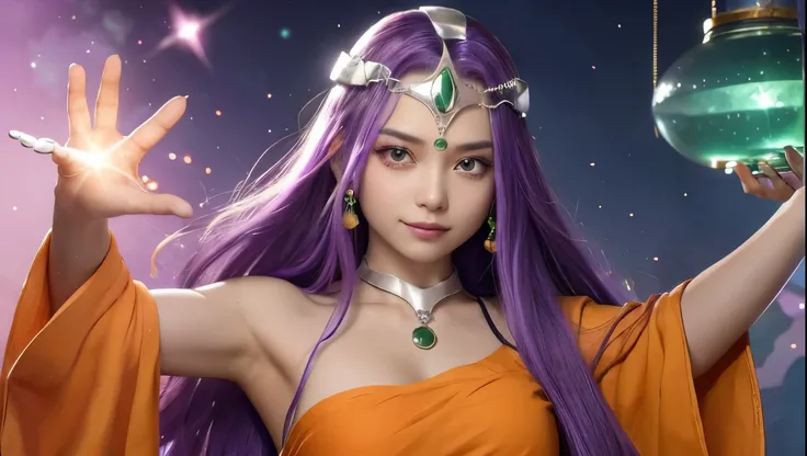  a mysterious female character 、 has long purple hair and a calm expression 。 has a silver headband with jewels on her forehead 、 and has green gemstone decorations on her neck and waist 。 wears orange and yellow robes 、I have a round crystal ball with bot...