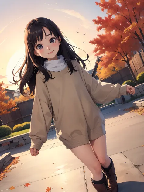 ( super flat ， flat shading ， flat color), (close),   Fisheye Lens ， cute little round mother and cute daughter， short stature ， flat chest，  Thin Thighs ， warm oversized sweater ， muffler  ，Long Hair,   boots, smile, smile, fun, play, autumn, autumnのきれいな紅...