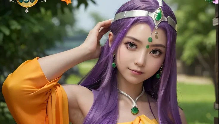  a mysterious female character 、 has long purple hair and a calm expression 。 has a silver headband with jewels on her forehead 、 and has green gemstone decorations on her neck and waist 。 wears orange and yellow robes 、I have a round crystal ball with bot...