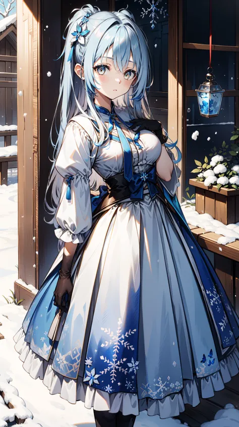      alone ，     brown hair       ,    pale   ,  Butterfly,    with sapphire eyes     ,  Butterfly装饰 Miss，  black gloves  ，  Decorated with dark blue snowflakes and a broad     {Ten个}   装饰 Miss，Snowflake decoration，Ice and Snow Impact  ，  top adorned with ...