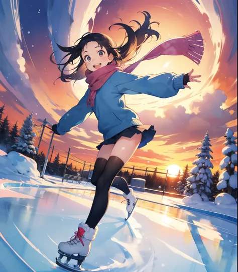 ( super flat ,  flat shading ,  flat color)，(close)， Fisheye Lens ，3 elementary school students， a very young girl ，Large sweater， miniskirt that snaps around the knee， Knee Socks， warm scarf，Baby Face，Very short stature， very thin thighs，Very small ass，Short legs，()，Long Hair，ice skating，Skating rink，smile, smile，fun, play, winter, snow,  bright , Wide angle,  bright color , watercolor, Ghibli style，At dusk，Beautiful sunset，Urine stains，少女のlure，Strong winds，  girl&#39;lure，