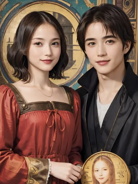 322 (A 20-year-old woman and a 20-year-old man), (   super real ), (High image quality), (   shorthair  ), (smile), ((   gorgeous costume   )), ((Da Vinci painting   ))