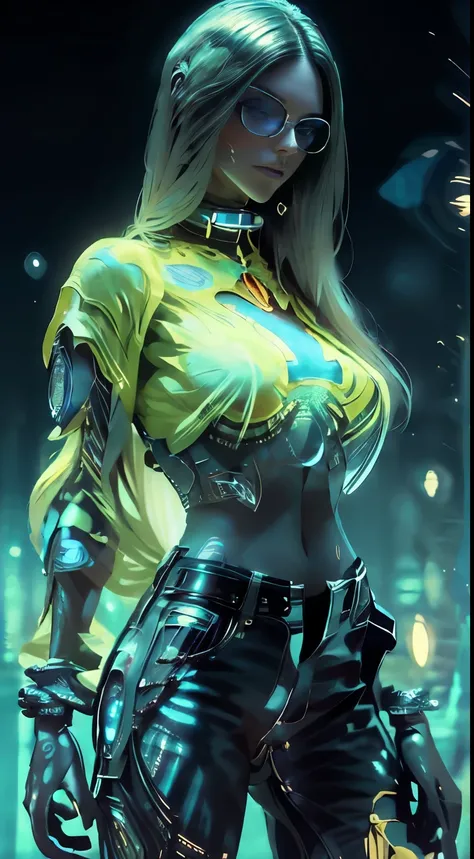 unreal engine:1.4,Ultra HD, The best quality :1.4, photorealistic :1.4, skin texture:1.4, masterpiece :1.8, 24-year-old female, Blue mesh hair over black hair , Long hair , straight hair, , Cosmic Apparition ,(Apocalyptic City of Fire),(cyberpunk:1....