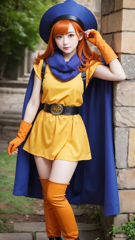 girl、 has orange wavy hair and purple eyes i'm here。wear a big blue hat、 also wears a blue cloak 。wears a yellow tunic 、 has a w...