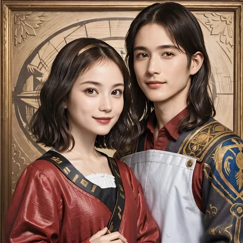 322 (A 20-year-old woman and a 20-year-old man), (    super real ), (High image quality), (    shorthair  ), (smile), ((    gorgeous costume    )), ((Da Vinci painting    ))