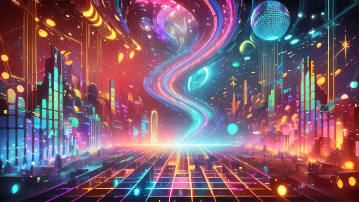 a futuristic city with neon lights and disco balls, surreal cyberspace, psychedelic atmosphere, intricate sparkling atmosphere, background artwork, neon light and fantasy, cosmic energy wires, psychedelic and glittering, holographic space, dmt background, ...