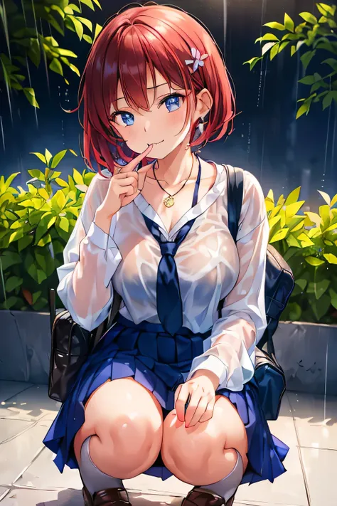 (((Biting your thumb nail:1.7))),(((Female high school student crouching while holding her knees in front of a heavy rain station:1.3)))、 Viewers、Heavy Rain、Big Breasts、thin, transparent, (((Female High School Student Summer Uniform 、tie、blouse、Checkered f...