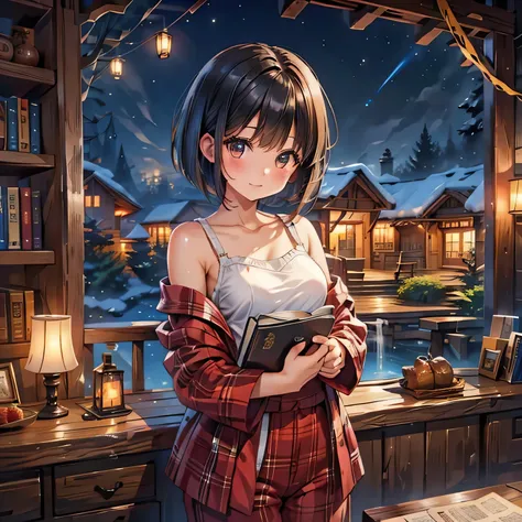 (masterpiece:1.3),(best quality:1.3),(high resolution:1.2),8k, with dark hair bob cut 、Beautiful girl in pajamas、 bob cut with shortcuts and black hair and wet hair、Beautiful girl with brown eyes 、Log house、A study with lots of books and a view of the nigh...