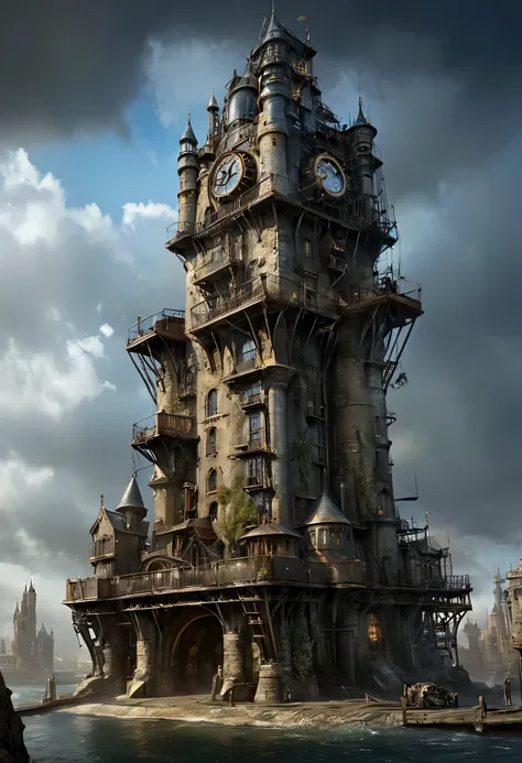 a steampunk lonely big tower, fantasy atmosphere, realistic,  cinematic, long stairs