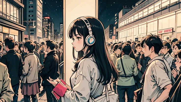 1 girl, 90s anime style, night, , Urban intersection、Girl wearing headphones, late night , Listening to music alone, City Pop, high quality,  Detailed finger shapes、Natural finger shape、lo-fi, Chill, late night,Urban hustle and bustle、 crowd, ,futuristic n...